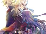  2boys alternate_hairstyle asemu_asuno beard blonde_hair blue_eyes blush capelet ch3507 coat facial_hair fram_nara gundam gundam_age hug long_hair male_focus multiple_boys purple_hair silver_hair skirt tears trench_coat yellow_eyes zeheart_galette 