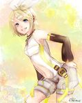  arm_warmers bad_id bad_pixiv_id blonde_hair blue_eyes detached_sleeves hair_ornament hair_ribbon hairclip headphones hitone kagamine_rin kagamine_rin_(append) looking_at_viewer navel ribbon short_hair shorts smile solo vocaloid vocaloid_append 
