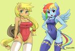 anthro anthrofied applejack_(mlp) big_breasts blonde_hair blush breasts cleavage clothed clothing cowboy_hat cutie_mark duo english_text equine female friendship_is_magic green_eyes hair hat human humanized legwear looking_at_viewer mammal multi-colored_hair my_little_pony one-piece_swimsuit pegasus plain_background purple_eyes rainbow_dash_(mlp) rainbow_hair shepherd0821 stockings swimsuit text wings 