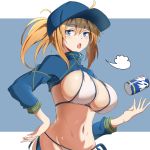  1girl artoria_pendragon_(all) baseball_cap bikini blonde_hair blue_eyes blue_hat blush breasts can commentary_request eyebrows_visible_through_hair fate/grand_order fate_(series) hair_between_eyes hand_on_hip hat j.roswel large_breasts looking_at_viewer mysterious_heroine_xx_(foreigner) navel open_mouth outside_border shrug_(clothing) side-tie_bikini side-tie_bottom sidelocks simple_background solo swimsuit white_bikini 