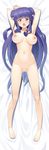  1girl absurdres areola_slip areolae arms_behind_head barefoot bell blush bow breasts china_dress chinese_clothes dakimakura double_bun dress hair_bell hair_bow hair_ornament highres large_breasts long_hair long_image looking_at_viewer lying munashi_mujou navel nipples nude on_back open_mouth purple_eyes purple_hair pussy ranma_1/2 shampoo_(ranma_1/2) smile solo tall_image tears uncensored very_long_hair 