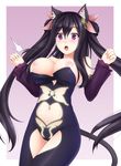  1girl :o animal_ears ariane_cevaille bare_shoulders black_hair borrowed_character breasts detached_sleeves hair_ornament highres large_breasts long_hair navel nipples open_mouth original purple_background purple_eyes ricegnat simple_background solo twintails undersized_clothes very_long_hair 