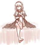  alice_margatroid barefoot blue_eyes capelet dress feet full_body hairband kuro_suto_sukii legs monochrome pov_feet short_hair short_sleeves simple_background sitting sketch soles solo toes touhou wiggling_toes 