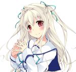  bad_id bad_pixiv_id blush da_capo da_capo_iii hair_intakes hair_ribbon long_hair plus9 red_eyes ribbon school_uniform serafuku simple_background smile solo steepled_fingers white_background white_hair yoshino_charles 