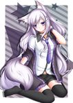  animal_ears black_legwear bracelet choker earrings hair_ornament hairclip hand_in_hair highres jewelry long_hair looking_at_viewer necktie no_shoes off_shoulder original purple_eyes shitou shorts silver_hair sitting solo striped striped_background tail thighhighs very_long_hair wariza 