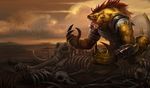  anthro armor avian beast belt bird bone claws desert fantasy feline gear hair hiena hyena league_of_legends male mammal red_eyes red_hair video_games wallpaper warm_colors warrior warwick 