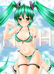  barefoot bikini green_eyes green_hair hatsune_miku long_hair sandals solo swimsuit twintails vocaloid yuuse_kouichi 