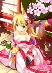  &gt;_&lt; animal_ears bare_shoulders black_legwear blonde_hair blush breasts cherry_blossoms cleavage closed_eyes collarbone dango fatkewell flower food fox fox_ears fox_tail green_eyes hair_flower hair_ornament holding japanese_clothes kimono large_breasts original petals sitting smile solo tail thighhighs wagashi 