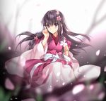  1girl blurry blurry_background blurry_foreground closed_mouth depth_of_field eyebrows_visible_through_hair flower grey_hair hair_flower hair_ornament hand_up holding japanese_clothes kangetsu_(fhalei) kimono long_sleeves looking_at_viewer obi original petals pink_flower purple_eyes sash smile solo 