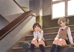  :o ahoge bag black_legwear blonde_hair blue_eyes blush brown_hair hands_on_own_face kneehighs looking_at_viewer multiple_girls original red_eyes school_bag school_uniform short_hair sitting sitting_on_stairs skirt smile socks soine stairs sweater_vest twintails window 