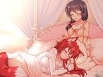  animal_ears barefoot bed bed_frame bed_sheet blush book bow breasts brown_hair cleavage closed_eyes fox_ears fox_tail hair_bow konshin lap_pillow long_hair medium_breasts multiple_girls naked_shirt opera_the_vermelho pajamas pillow pixiv_fantasia pixiv_fantasia_sword_regalia red_hair shirt sleeping smile tail 