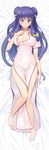  1girl absurdres areola_slip areolae arms_behind_head barefoot bell bow breasts china_dress chinese_clothes dakimakura double_bun dress hair_bell hair_bow hair_ornament highres long_hair long_image looking_at_viewer lying munashi_mujou ranma_1/2 shampoo_(ranma_1/2) smile solo tall_image very_long_hair 