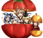  ascot blonde_hair blue_eyes blue_hair brown_hair comic dress earmuffs green_dress grin hair_ornament hair_rings hair_stick hair_tubes hakurei_reimu kaku_seiga long_hair mononobe_no_futo multiple_girls open_mouth pointy_ears ponytail purple_eyes red_eyes ryuuichi_(f_dragon) sazae-san short_hair silver_hair skirt smile soga_no_tojiko tomato touhou toyosatomimi_no_miko vest 