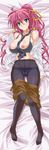  1girl absurdres bed_sheet between_breasts black_bra black_gloves black_legwear black_panties blue_eyes blush bra breasts breasts_outside dakimakura elbow_gloves fingerless_gloves gloves hair_ribbon highres large_breasts long_hair long_image looking_at_viewer lying lyrical_nanoha mahou_shoujo_lyrical_nanoha_strikers necktie nipple_slip nipples on_back open_mouth panties panties_under_pantyhose pantyhose parted_lips pink_hair ponytail ribbon shirt signum skirt skirt_lift socks tall_image underwear upskirt white_shirt yatsushima_tetsuya 