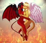  angel_wings angelina_onyx big_breasts black_hair blonde_hair breast_squish breasts cat creamytea cuddling deity demon demon_on_angel demon_wings devil_tail duo eyes_closed feline female flying french_kiss goddess hair kissing lesbian love mammal natasha_onyx nude red_body side_view simple_background spade_tail succubus wings yellow_body 