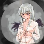  breasts cleavage dress_shirt lowres medium_breasts osakana_(denpa_yun'yun) purple_eyes rozen_maiden shirt silver_hair solo suigintou undressing wings 