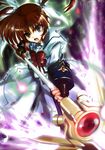  bad_id bad_pixiv_id bow bowtie dress fingerless_gloves gem gloves glowing highres looking_at_viewer lyrical_nanoha magic magical_girl mahou_shoujo_lyrical_nanoha mahou_shoujo_lyrical_nanoha_a's nanai raising_heart red_bow red_neckwear rod shaded_face solo staff takamachi_nanoha twintails uniform white_dress wings 