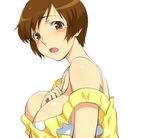  between_breasts blush bra breasts brown_eyes brown_hair hairu huge_breasts lingerie open_mouth short_hair solo super_real_mahjong tears toyohara_etsuko underwear 