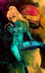  bad_id bad_pixiv_id blonde_hair blue_eyes bodysuit gun lack long_hair metroid samus_aran skin_tight solo weapon zero_suit 