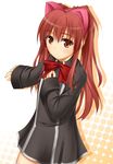  aloe_(quiz_magic_academy) animal_ears big_wednesday black_skirt blazer bow bowtie cat_ears cowboy_shot jacket long_hair long_sleeves looking_at_viewer quiz_magic_academy red_neckwear simple_background skirt solo white_background 