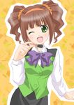  brown_hair green_eyes idolmaster idolmaster_(classic) idolmaster_1 itsuki_sayaka one_eye_closed open_mouth solo takatsuki_yayoi twintails 