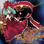  bow chako_nejio front_ponytail green_eyes green_hair hair_bow hair_ribbon highres kagiyama_hina leaf ribbon solo touhou 