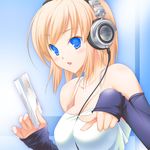  47agdragon between_breasts blonde_hair blue_eyes breasts camisole cleavage detached_sleeves headphones large_breasts music original pointing short_hair solo 