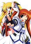  belt black_gloves blonde_hair blue_eyes blush buckle chirorian dress fate_testarossa fingerless_gloves gloves long_sleeves looking_at_viewer lyrical_nanoha magical_girl mahou_shoujo_lyrical_nanoha_strikers multiple_girls one_eye_closed pointing red_eyes simple_background takamachi_nanoha twintails uniform white_background white_dress 