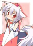  animal_ears bare_shoulders blush collar detached_sleeves hat inubashiri_momiji leash mouth_hold red_eyes short_hair silver_hair simple_background solo suzukishi tail tokin_hat touhou wolf_ears wolf_tail 