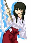  black_eyes black_hair japanese_clothes miko twintails wink 