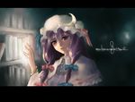  bad_id bad_pixiv_id book bow goldregen hat library long_hair patchouli_knowledge pink_bow purple_hair ribbon solo touhou voile 