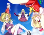  blonde_hair cloud flandre_scarlet flying fujiwara_no_mokou gap hat moriya_suwako multiple_girls oouso stage_connection thighhighs touhou wings yakumo_yukari 