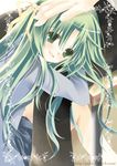  green_eyes green_hair hashimo_yuki higurashi_no_naku_koro_ni long_hair ribbon sitting solo sonozaki_shion 