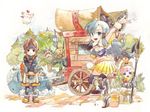  blue_eyes blue_hair brown_eyes brown_hair clavat eggru final_fantasy final_fantasy_crystal_chronicles green_eyes lilty looking_at_viewer moogle multiple_girls polearm selkie skirt spear traditional_media watercolor_(medium) weapon yuke 