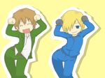  :d ^_^ ^o^ baccano! bad_id bad_pixiv_id belt black_gloves blonde_hair brown_hair buckle bunmare caramelldansen closed_eyes collared_shirt firo_prochainezo gloves graham_spector jacket looking_at_viewer multiple_boys open_clothes open_jacket open_mouth pants pose shirt simple_background smile thigh_gap track_jacket track_suit yellow_background 