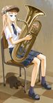  blonde_hair blue_eyes cabbie_hat copyright_request dog hat instrument long_hair necktie plaid plaid_skirt school_uniform shiden_(t41xz) skirt solo tuba 