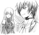  1girl bangs bare_shoulders bodysuit c.c. closed_mouth code_geass detached_sleeves greyscale hayato lelouch_lamperouge long_hair looking_at_viewer lowres monochrome sidelocks simple_background smirk very_long_hair white_background 