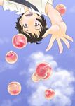  brown_eyes brown_hair day food fruit kabaya_kousuke konno_makoto open_mouth peach short_hair sky solo surprised toki_wo_kakeru_shoujo upside-down 