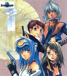  2girls blue_eyes blue_hair brown_hair chaos_(xenosaga) dark_skin glasses green_eyes gun handgun jr. kos-mos multiple_boys multiple_girls pistol red_eyes red_hair revolver shion_uzuki silver_hair smile weapon white_hair xenosaga xenosaga_episode_i zohar 