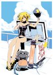  asymmetrical_hair bad_id bad_pixiv_id barefoot blonde_hair cat copyright_request dog feet hair_over_one_eye hat kurobuta_gekkan legs panties refrigerator short_hair solo underwear 