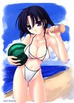  amei_sumeru baseball_bat beach bikini black_hair breasts cleavage copyright_request day food fruit holding holding_food holding_fruit large_breasts non-web_source outdoors purple_eyes solo suikawari swimsuit watermelon 