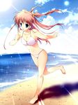  beach bikini blue_eyes clenched_hand copyright_request day girly_running highres long_hair mikeou non-web_source outdoors pink_hair running solo sparkle swimsuit twintails 
