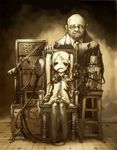  1girl chair facial_hair glasses hatsune_miku horror_(theme) kikai_(akita_morgue) long_hair machine microphone microphone_stand monochrome morbid mustache necktie old_man pantyhose saliva sepia sitting twintails very_long_hair vocaloid what 