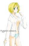  alice_l_malvin blonde_hair blue_eyes bob_cut breasts cleavage dress_shirt kimura_shiki medium_breasts no_bra open_clothes open_shirt panties pumpkin_scissors shirt short_hair solo standing underwear 