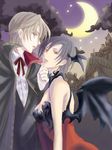  1girl bare_shoulders black_hair blood+ cape demon_wings dress otonashi_saya short_hair soleil_(artist) solomon_goldsmith vampire wings 