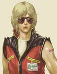  80s aviator_sunglasses blonde_hair char_aznable cobra_(movie) gundam jacket lips male_focus mootan oldschool parody quattro_vageena solo sunglasses sylvester_stallone tattoo vest zeta_gundam zipper 