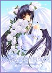  bouquet bride carnelian dress elbow_gloves flower gloves kao_no_nai_tsuki kuraki_suzuna long_hair purple_hair solo wedding_dress 