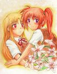  :o blonde_hair fate_testarossa flower lily_(flower) looking_at_another looking_at_viewer lyrical_nanoha mahou_shoujo_lyrical_nanoha mahou_shoujo_lyrical_nanoha_a's multiple_girls school_uniform seishou_middle_school_uniform smile takamachi_nanoha yuki_mashiro yuri 