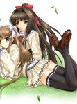  black_legwear blush bow bow_legwear brown_eyes brown_hair grass hair_bow hair_intakes hair_ribbon half_updo highres kimizuka_aoi leaf loafers long_hair lost_passage lying multiple_girls on_stomach pleated_skirt ribbon scan school_uniform shoes skirt thighhighs usa_mizuki very_long_hair wind yamabuki_sayuki zettai_ryouiki 