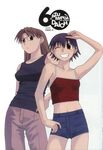  azuma_kiyohiko azumanga_daiou bare_shoulders bob_cut brown_eyes brown_hair casual glasses grin highres long_hair midriff mizuhara_koyomi multiple_girls non-web_source official_art one_eye_closed scan scan_artifacts short_hair shorts smile takino_tomo tank_top 